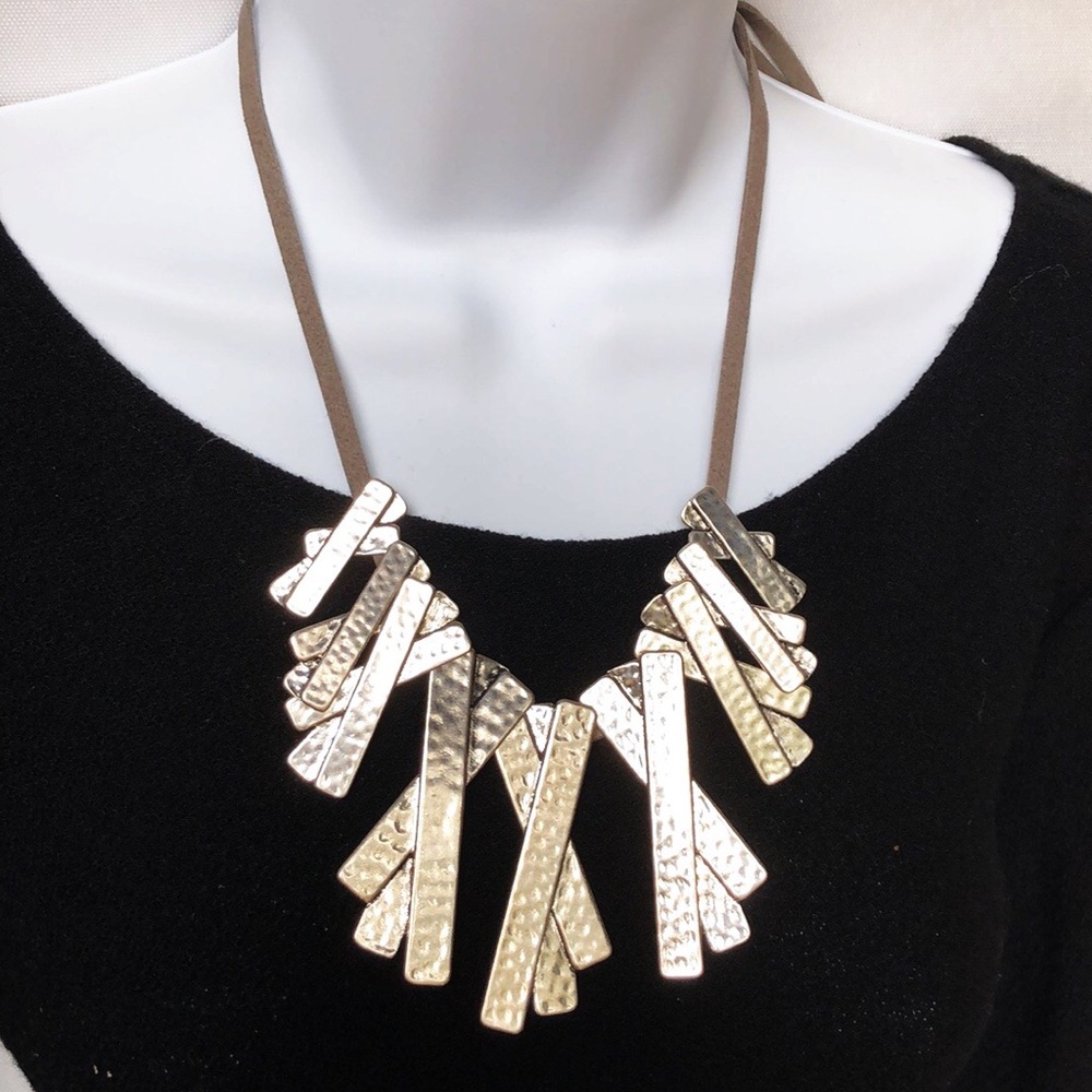 Hammered Silver Metal Statement Bib Necklace - image 1